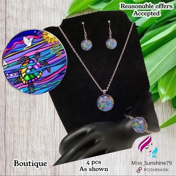Jesse’s Boutique Jewelry - Boutique - 4pcs fashion cabochon Set TURTLE 🐢 bracelet earrings necklace
